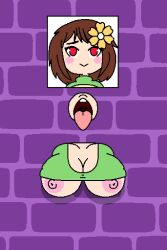 breasts brown_hair chara clothing flower_in_hair glory_hole open_mouth red_eyes shy_jaz t-shirt through_wall underboob undertale undertale_(series)