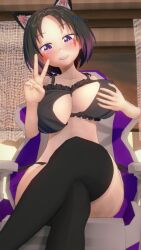 3d big_breasts black_hair blender cat_ears elma_(dragon_maid) elmast_ holding_breast lingerie miss_kobayashi's_dragon_maid peace_sign short_hair sitting_on_chair thick_thighs thighhighs