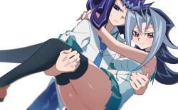 blue_hair brother_and_sister dntks female kamishiro_rio legwear looking_at_viewer red_eyes rio_kamishiro rio_kastle ryoga_kamishiro school_uniform shark_(yu-gi-oh!) smile yu-gi-oh! yu-gi-oh!_zexal