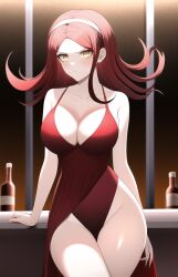 ai_generated bar cleavage danganronpa danganronpa_3 dress frown ikuta_kotomi large_breasts n.c.b_ai nai_diffusion stable_diffusion thighs yellow_eyes