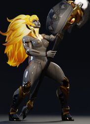 3d 3d_(artwork) blender cyborg dota_2 female_only golden_hair hammer masturbation metallic_body muscular_female self_upload solo_female valora_the_dawnbreaker