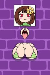 bikini_top breasts brown_hair chara clothing fapwall flower_in_hair glory_hole open_mouth red_eyes shy_jaz through_wall undertale undertale_(series)