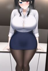 ai_generated blue_eyes blush cum cum_on_face emzie01 funemily1 heterochromia large_breasts long_hair nai_diffusion office_lady original pantyhose red_eyes shirt skirt stable_diffusion tagme thick_thighs wide_hips