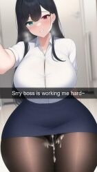 1girls 9:16 after_sex ai_generated blue_eyes blush cheating cheating_girlfriend cheating_wife cucked_by_boss cum cum_in_pussy cum_on_leg cum_on_thighs emzie01 english_text funemily1 heterochromia large_breasts long_hair nai_diffusion netorare ntr office_lady original pantyhose red_eyes selfie shirt sitting skirt snapchat stable_diffusion tagme thick_thighs wide_hips