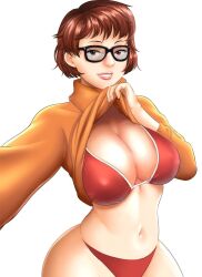 1girls benjicomix big_breasts bra breasts brown_eyes brown_hair busty cleavage clothed clothed_female digital_drawing_(artwork) digital_media_(artwork) eyebrows eyelashes eyes female female_focus female_only hair hanna-barbera hips hourglass_figure huge_breasts human legs light-skinned_female light_skin lips scooby-doo shirt_lift short_hair solo thick thick_legs thick_thighs thighs upper_body velma_dinkley voluptuous waist wide_hips