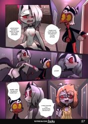 absurd_res anthro ass breasts canid canid_demon clothed clothed/nude clothing comic demon dialogue english_text female half_clothed hellhound helluva_boss hi_res imp jizoku loona_(helluva_boss) male mammal moxxie_(helluva_boss) nude page_57 sol_(jizoku) speech_bubble