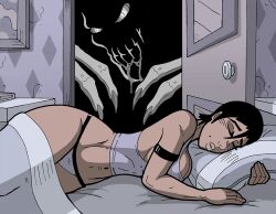 1girls anticipation beauty_mark bedroom bodice claws dark_hair drooling female hombre-blanco hourglass_figure imminent_death imminent_rape imminent_vore monster night short_hair sleeping thong voluptuous