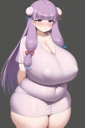 ai_generated bbw breasts chubby chubby_female digital_media_(artwork) fat female huge_breasts nai_diffusion obese obese_female overweight overweight_female patchouli_knowledge purple_hair saggy_breasts stable_diffusion tight_clothing touhou
