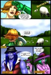 1boy 2011 2girls blizzard_entertainment blonde_hair blue_hair comic comic_page dialogue green_hair human human_(world_of_warcraft) light-skinned_female light_skin millee night_elf original_character purple_skin shina warcraft warrior_(warcraft) world_of_warcraft