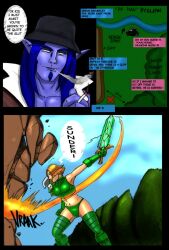 1boy 1girls 2011 blizzard_entertainment blonde_hair blue_hair comic comic_page human human_(world_of_warcraft) large_breasts light-skinned_female light_skin millee original_character purple_skin shina thighhighs thong warcraft warrior_(warcraft) world_of_warcraft