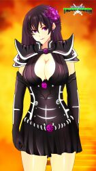 black_hair breasts deathelena_recreigialas earring flower_in_hair logo looking_at_viewer mature_female mature_woman nail_polish original original_character purple_eyes sacredcourage smiling the_legendary_tauran'creima the_legendary_tauran'creima:_star_beings_of_the_universe voluptuous voluptuous_female