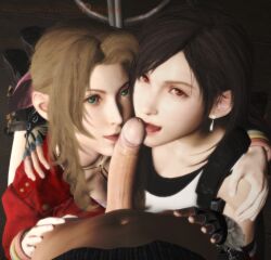 1boy 2girls 3d aerith_gainsborough cloud_strife collaborative_fellatio fellatio final_fantasy final_fantasy_vii final_fantasy_vii_remake imaginarydigitales multiple_girls teamwork threesome tifa_lockhart