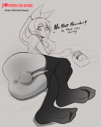 1futa 2022 anus ass backsack balls big_penis breasts character_request clothed clothing copyright_request dialogue donut doughnut english_text futa_only futa_sans_pussy futanari horny human katsunei kirisaki_chitoge kneehighs looking_at_viewer monochrome no_nut_november on_side partially_clothed penis sketch solo text