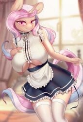 2020 anchor anthro azur_lane blue_hair blurry_background boob_window commission crossover_cosplay frills hand_on_breast large_breasts maid_apron maid_outfit maid_uniform metal_collar my_little_pony pink_eyes pink_hair pop_candy seductive_smile shoulderless_topwear sideboob skirt sunlight thighhighs transgender_pride_colors underboob unicorn unicorn_horn whisperingfornothing white_hair yellow_fur