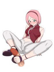 1girls blush boruto:_naruto_next_generations clothed clothing disembodied_penis dress embarrassed erect_penis erection faceless_male feet female_focus fetish foot_fetish footjob footjob_with_sandals footjob_with_shoes footwear green_eyes long_hair looking_at_penis male/female mature mature_female milf naruto naruto_(series) open_toe_shoes pants penis petite pink_hair sakura_haruno sandaljob sandals shoejob sitting spread_legs