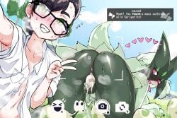 1futa 1girls 1pokemon all_fours anthro ass black_hair blush camera cum cum_in_pussy cum_inside cum_string cumdrip egg egg_laying english_text female furry futa_on_female futanari game_freak game_ui glasses green_body green_eyes green_fur grin hi_res human human_on_anthro ihcaris impregnation interspecies interspecies_pregnancy juliana_(pokemon) large_ass light-skinned_futanari light_skin looking_back mask meowscarada nintendo oc original_character outdoors peace_sign phone photo png pokémon_(species) pokemon pokemon_sv pokephilia pregnant selfie sex short_hair smile sweat sweatdrop sweating sweaty sweaty_body text text_box thick_thighs thighs vagafter_sex vagina