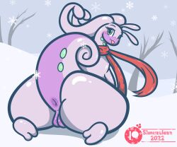 absurd_res anthro anus ass blush female generation_6_pokemon genitals goodra hi_res looking_at_viewer nintendo pokémon_(species) pokemon pokemon_(species) purple_body pussy shnuzzlez solo thick_thighs tongue tongue_out video_games winter