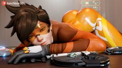 3d 4k ass ass_up bent_over bent_over_table blender highres leggings lunchbox_3d orange-tinted_eyewear overwatch overwatch_2 tagme tinted_eyewear tracer visor