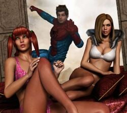 3d blonde_hair blue_eyes bra brown_hair cleavage emma_frost fingernails fur fur_boa furbs3d gloves jean_grey legs lips marvel panties peeping peeping_tom pervert peter_parker phoenix_(x-men) pillow pink_panties red_hair spandex spider-man spider-man_(series) straight_hair thong twintails web x-men