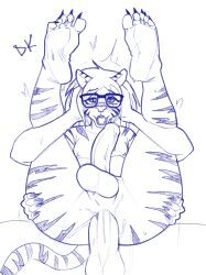 absurd_res anal anal_sex anthro blush chubby_male desertkaiju duo eyewear feet felid glasses hi_res male male/male mammal markings nyla nyla_(whitekitteh) orgasm_face original original_character pantherine penetration striped_markings stripes tiger trans_woman transfem