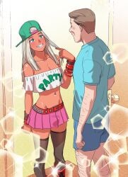 2boys age_difference backwards_baseball_cap baseball_cap blonde_hair candy_(tekuho) crossdressing erection_under_clothes erection_under_skirt ethan's_dad_(tekuho) femboy femboy_on_male feminine_male flirting flirting_look girly grin jewelry long_hair makeup male male_only miniskirt multiple_boys navel_piercing old_man older_man_and_younger_boy original penis_under_skirt piercing pink_nail_polish playing_with_hair pleated_skirt sissy skirt_bulge slutty_outfit smile tanned_male tanned_skin tekuho thighhighs trap wristband yaoi