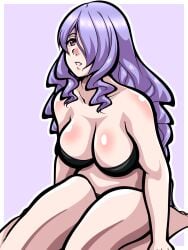 1girls bare_legs barefoot black_panties bra breasts camilla_(fire_emblem) cleavage female female_only fire_emblem fire_emblem_fates hair_over_one_eye inabakun00 kneeling large_breasts long_hair nintendo panties pink_eyes purple_hair solo underwear very_long_hair