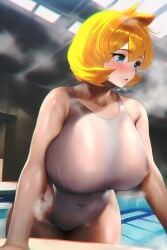 ai_generated blue_eyes blush breasts clothing competition_swimsuit cowboy_shot curvaceous female female_only game_freak high_resolution hips huge_breasts kasumi_(pokemon) large_breasts large_filesize legs misty_(pokemon_hgss) navel nintendo nipples one-piece_swimsuit open_clothes orange_hair pokemon pokemon_(game) pokemon_gsc pokemon_hgss pool smile solo standing swimsuit tank_suit thick_thighs thighs water white_swimsuit wide_hips