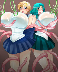 2girls ambiguous_penetration bishoujo_senshi_sailor_moon blonde_hair blush breast_milk breasts busty cleavage clothing covered_penetration curvy erect_nipples erect_nipples_under_clothes female female_only gigantic_breasts haruka_tenou highres huge_breasts implied_penetration implied_sex lactation large_breasts long_hair michiru_kaiou multiple_girls nipples open_mouth restrained sailor_neptune sailor_uranus sex_under_clothes sex_under_skirt short_hair shrimp-mayo skirt straight_hair tentacle tentacle_under_skirt tentacles_under_clothes voluptuous