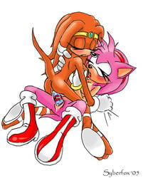 2005 amy_rose anthro breast_lick closed_eyes cum dildo double_dildo echidna exposed_torso female female_only footwear fur furry furry_only handwear hedgehog interspecies mobian mobian_(species) multiple_females nude pink_fur saliva sega sex_toy sonic_(series) sonic_the_hedgehog_(series) straight_hair syberfox tikal_the_echidna vaginal yuri