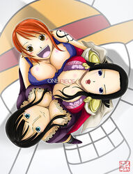 3girls asymmetrical_docking black_hair blue_eyes blush boa_hancock breast_press breasts brown_eyes cleavage female female_only from_above highres huge_breasts long_hair multiple_girls nami nico_robin one_piece open_mouth orange_hair pre-timeskip short_hair smile straight_hair toshiraya