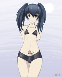 1boy bikini blue_hair crossdressing femboy flat_chest grey_eyes human human_only long_hair male male_only penis penis_ribbon ribbon smile solo tied_hair tk83 twintails uncensored