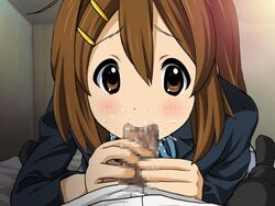 brown_hair clothes erection fellatio female human human_only k-on! male oral penis precum school_uniform straight yui_hirasawa_(k-on!)