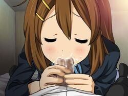 closed_eyes cum cum_in_mouth fellatio female human human_only k-on! male oral straight yui_hirasawa_(k-on!)