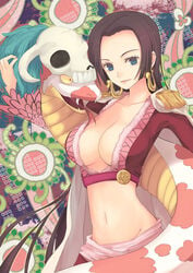 1girls artist_request boa_hancock breasts cape cleavage earrings epaulettes female female_only highres jewelry long_hair midriff one_piece salome_(one_piece) snake solo_focus straight_hair