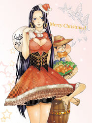 1boy 1girls barrel black_hair blush boa_hancock breasts butterfly christmas cleavage dress earrings eating female food hat jewelry large_breasts long_hair male meat monkey_d_luffy one_piece sack santa_hat santa_suit straight_hair straw_hat text