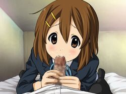 bangs bedsheets blush brown_eyes brown_hair cum cum_on_face eyebrows_visible_through_hair fellatio female human human_only k-on! male mosaic_censoring oral smile straight yui_hirasawa_(k-on!)