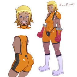 1girls ass bandage bandages blonde_hair blue_eyes blush dark_skin female female_only locketmonkey nipple nipple_slip nipples sideboob smile solo translation_request