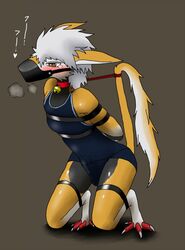 anthro beastman bell bondage bound clothing collar crying cute erection fan_character femboy fur humanoid johnsergal_(character) kemono male mask muzzle_(object) muzzled non-human non-human_only osukemo penis sergal silver solo swimsuit tears