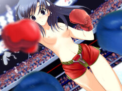 1girls arena artist_request blue_boxing_gloves blue_eyes blue_gloves blue_hair blush boxing boxing_gloves boxing_match boxing_ring breasts eyebrows_visible_through_hair female fight fighting_ring gloves hair_between_eyes light-skinned_female light_skin looking_at_viewer nipples nude original original_character pov pov_eye_contact punch red_boxing_gloves red_gloves shorts small_breasts sweatdrop thick thick_thighs thighs topless wide_hips