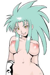 1girls artist_request bb big_breasts blue_hair blush breasts female female_only large_breasts long_hair nipples ryoko_hakubi smile solo tenchi_muyo! topless uncensored white_background yellow_eyes