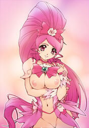 1girls bow breasts clothing cure_blossom female heartcatch_precure! heartcatch_pretty_cure! hisahiko large_breasts long_hair magical_girl navel nipples nude pink pink_background pink_eyes pink_hair pink_theme precure pretty_cure pussy solo tsubomi_hanasaki uncensored