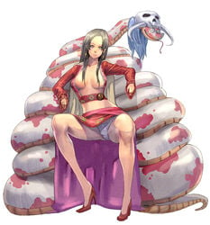 1girls artist_request boa_hancock breasts cape cleavage earrings female female_focus female_only highres jewelry long_hair one_piece panties pantyshot salome_(one_piece) snake solo_focus straight_hair underwear upskirt