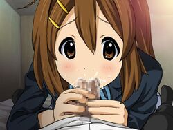 blush censored cum cum_in_mouth fellatio female human human_only k-on! male oral penis playing_penis_like_flute straight two-handed_handjob yui_hirasawa_(k-on!)