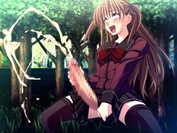 1futa ahe_gao blush brown_eyes brown_hair cum erection fingering futa_sans_balls futanari game_cg handjob intersex open_mouth orgasm penis school_uniform skirt solo_futa thighhighs