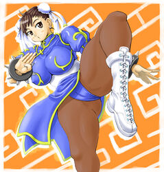 blush breasts cameltoe chun-li cleavage female female_only human pantyhose ryoushun solo straight_hair street_fighter