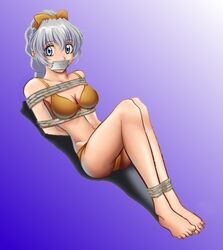 1girls arms_behind_back bikini blue_eyes bondage bound bound_ankles bound_arms breasts female female_only full_metal_panic gag gagged lowres solo swimsuit tape tape_gag taped_mouth teletha_testarossa tied_up white_tape