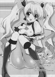 anus ass blush bottomless breasts breasts_out censored clothing cure_peach dress fukunoren kneehighs leaning long_hair magical_girl momozono_love monochrome nipples no_panties open_clothes open_mouth precure pretty_cure pussy sitting skirt skirt_up small_breasts smile squat squatting translation_request yukiwo