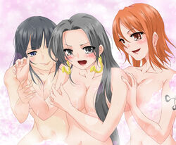 3girls big_breasts black_hair blue_eyes boa_hancock brown_eyes female female_only human long_hair multiple_females multiple_girls nami navel nico_robin one_piece orange_hair pre-timeskip short_hair straight_hair tattoo