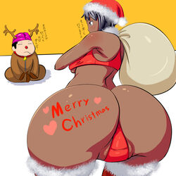 1girls antlers ass bell black_hair blush breasts cameltoe christmas closed_eyes collar copyright_request dark_skin dat_ass fat_mons female hat heart huge_ass jingle_bell locketmonkey partially_visible_vulva reindeer sack santa_costume santa_hat solo thighhighs translation_request underboob