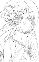 1girls artist_request boa_hancock breasts cape cleavage earrings female female_only highres horns long_hair long_skirt looking_at_viewer navel one_piece outline salome_(one_piece) side_slit skirt skull snake solo_focus straight_hair